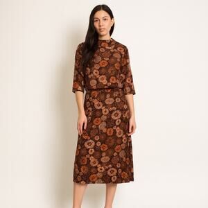 Vintage 1960s  Two-Piece Dress Set Brown Orange Floral Mums Print Boho Retro XS